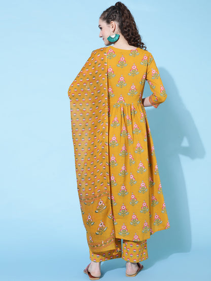 Cotton Calf Length Printed Semi-Flared 3/4 Sleeves V-Neck Kurta Bottom Dupatta Set