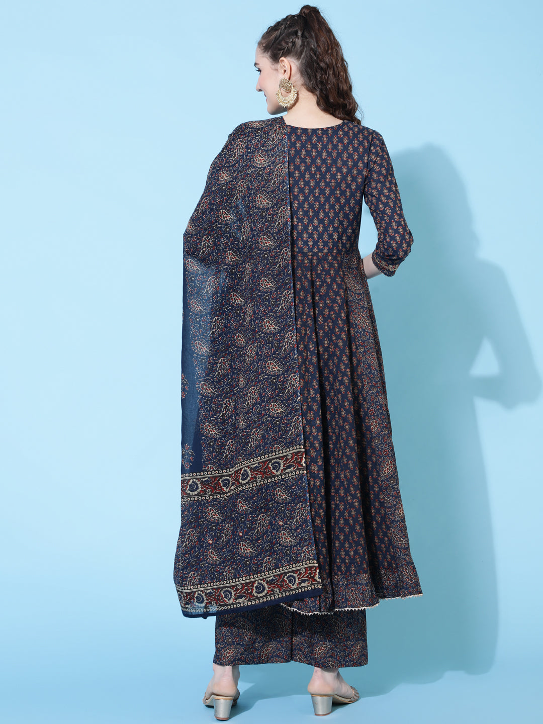 Cotton Calf Length Printed Semi-Flared 3/4 Sleeves Sweetheart Neck Kurta Bottom Dupatta Set
