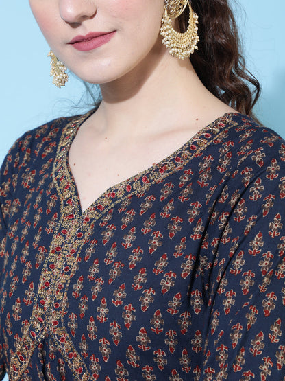 Cotton Calf Length Printed Semi-Flared 3/4 Sleeves Sweetheart Neck Kurta Bottom Dupatta Set