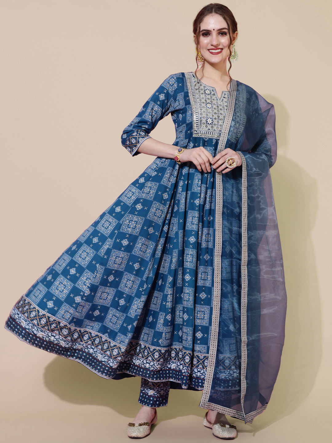 Rayon Calf Length Printed Flared 3/4 Sleeves Round Neck Kurta Bottom Dupatta Set