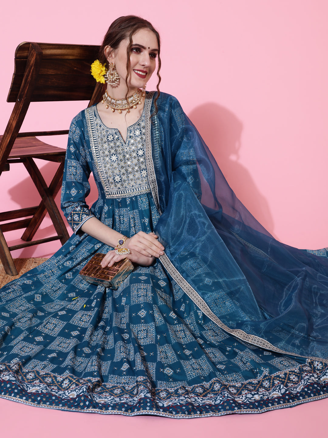 Rayon Calf Length Printed Flared 3/4 Sleeves Round Neck Kurta Bottom Dupatta Set