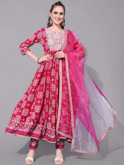 Rayon Calf Length Printed Flared 3/4 Sleeves Round Neck Kurta Bottom Dupatta Set