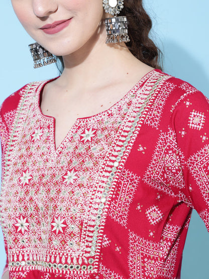 Rayon Calf Length Printed Flared 3/4 Sleeves Round Neck Kurta Bottom Dupatta Set