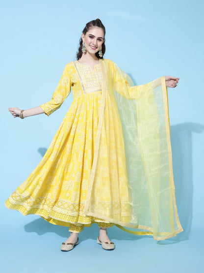 Rayon Calf Length Printed Flared 3/4 Sleeves Round Neck Kurta Bottom Dupatta Set