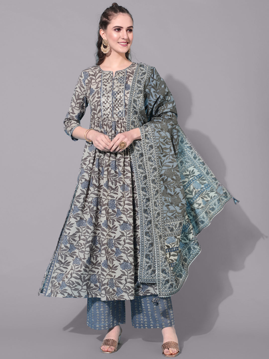 Cotton Calf Length Printed Semi-Flared 3/4 Sleeves Round Neck Kurta Bottom Dupatta Set