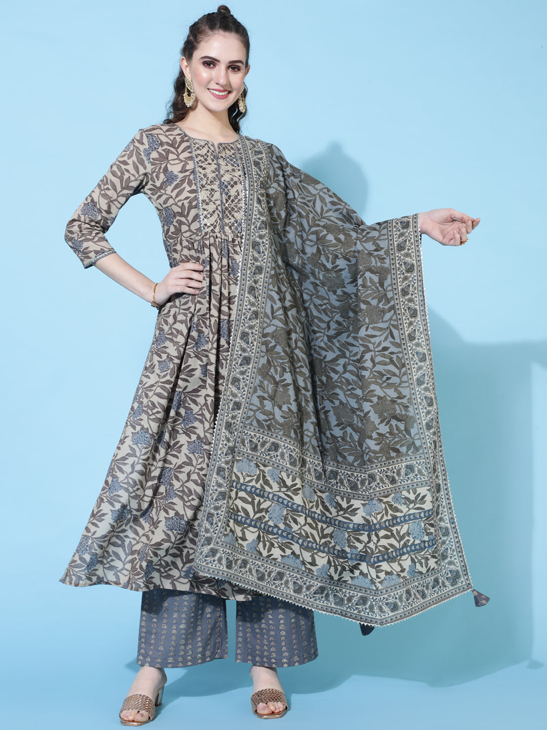 Cotton Calf Length Printed Semi-Flared 3/4 Sleeves Round Neck Kurta Bottom Dupatta Set