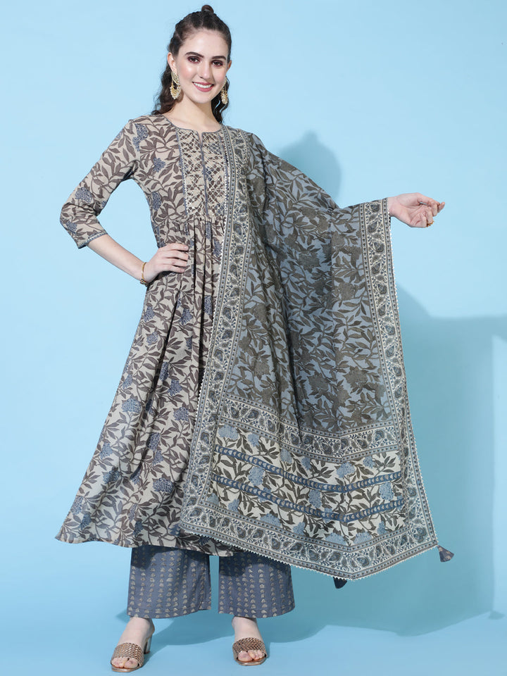 Cotton Calf Length Printed Semi-Flared 3/4 Sleeves Round Neck Kurta Bottom Dupatta Set