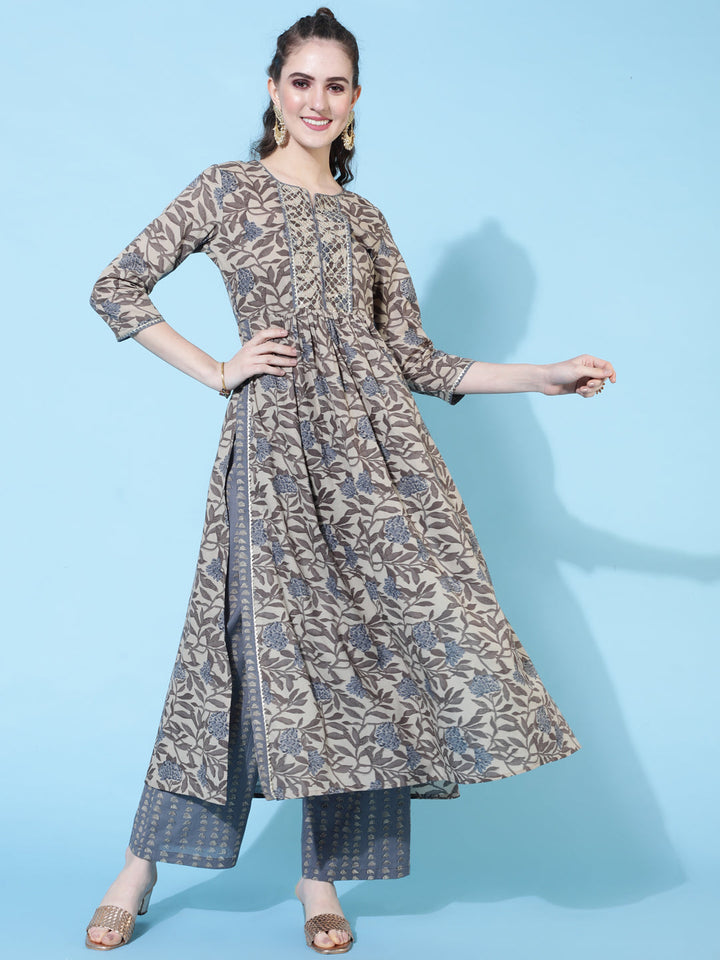 Cotton Calf Length Printed Semi-Flared 3/4 Sleeves Round Neck Kurta Bottom Dupatta Set