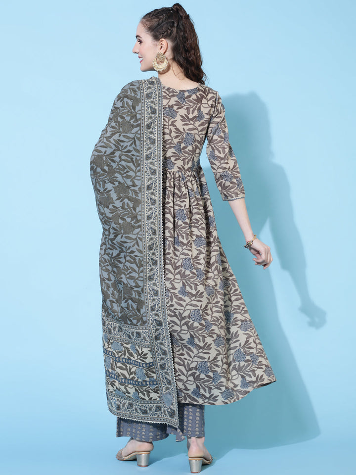Cotton Calf Length Printed Semi-Flared 3/4 Sleeves Round Neck Kurta Bottom Dupatta Set