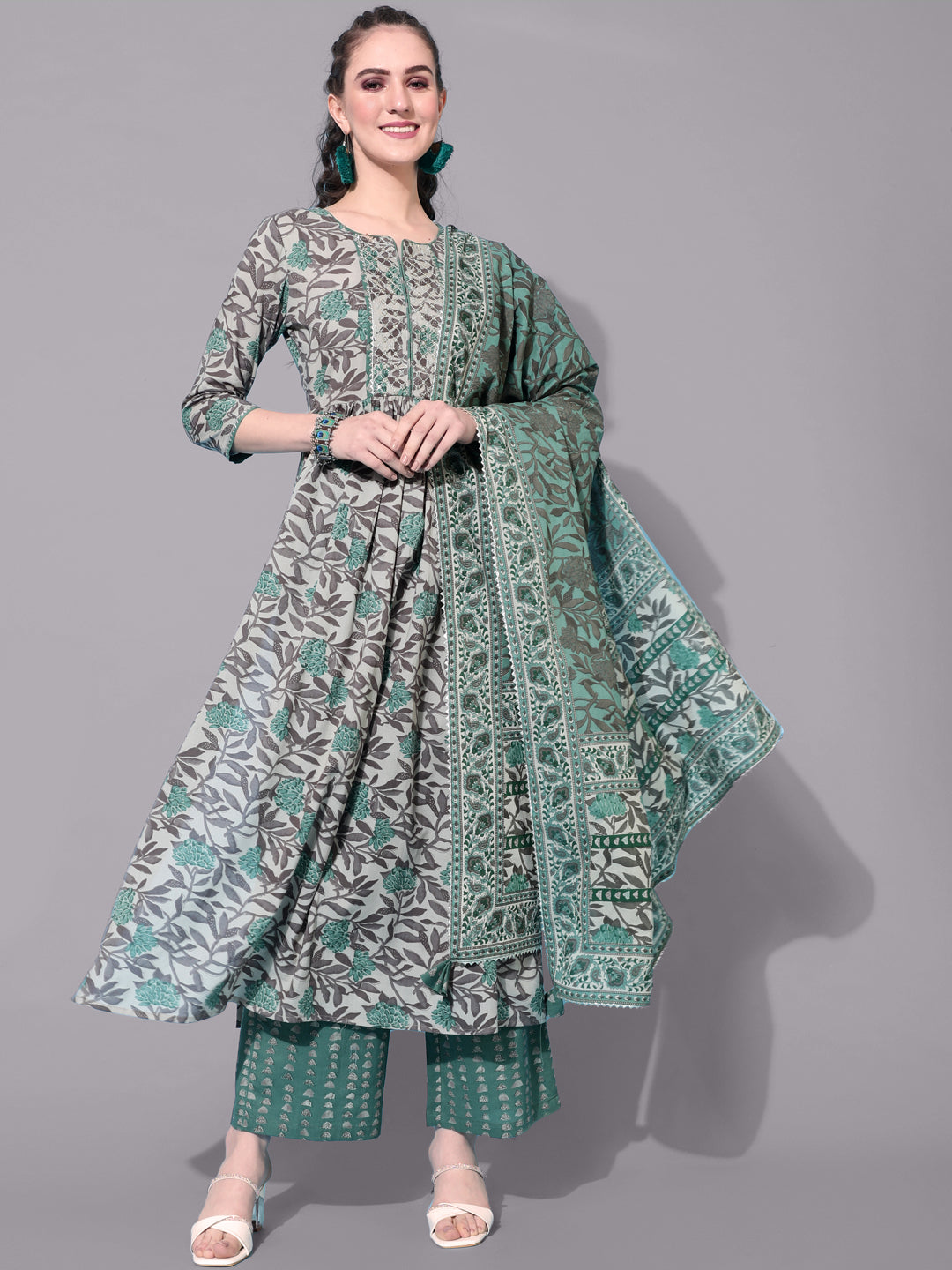 Cotton Calf Length Printed Semi-Flared 3/4 Sleeves Round Neck Kurta Bottom Dupatta Set