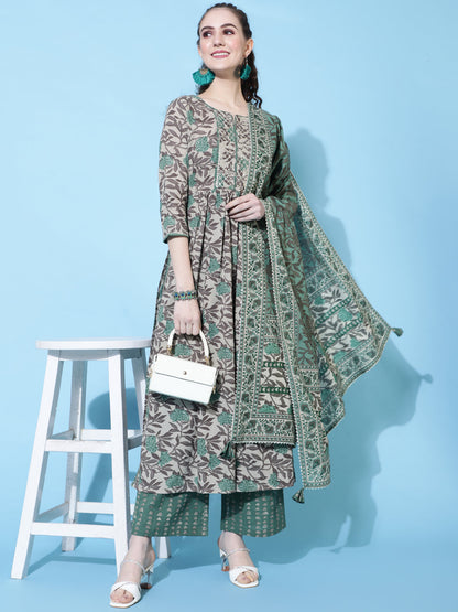 Cotton Calf Length Printed Semi-Flared 3/4 Sleeves Round Neck Kurta Bottom Dupatta Set