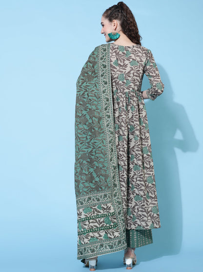 Cotton Calf Length Printed Semi-Flared 3/4 Sleeves Round Neck Kurta Bottom Dupatta Set