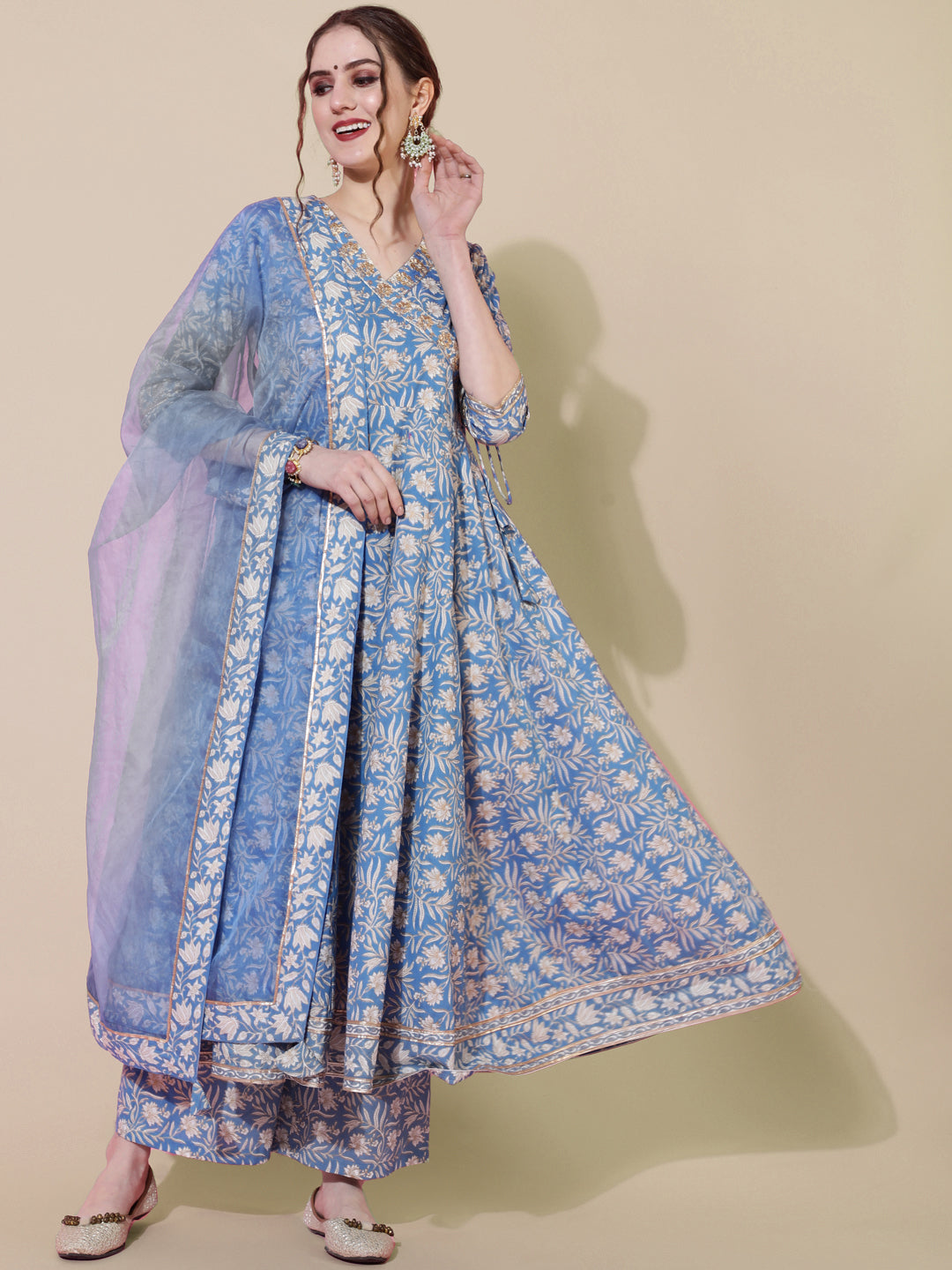 Cotton Calf Length Printed Flared 3/4 Sleeves V-Neck Kurta Bottom