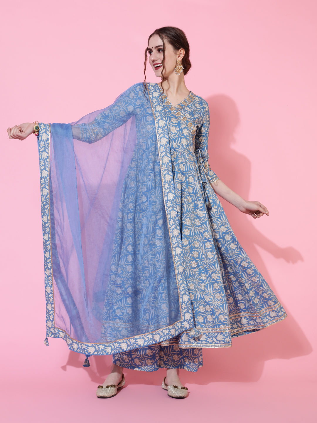 Cotton Calf Length Printed Flared 3/4 Sleeves V-Neck Kurta Bottom