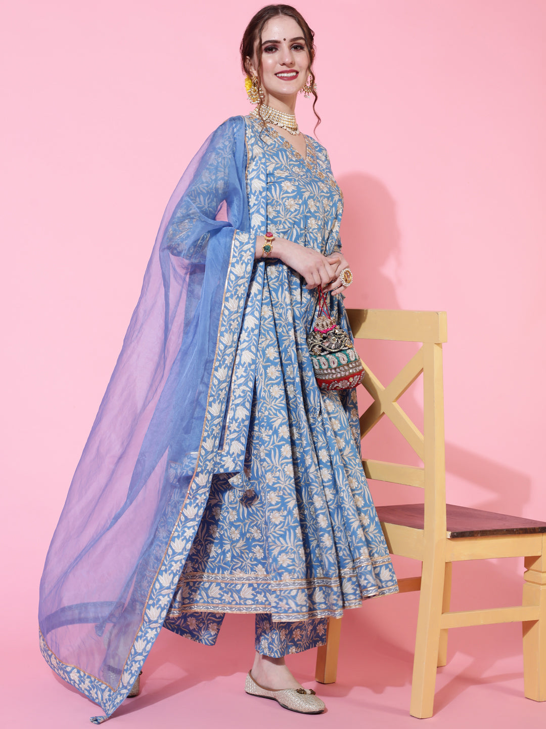 Cotton Calf Length Printed Flared 3/4 Sleeves V-Neck Kurta Bottom
