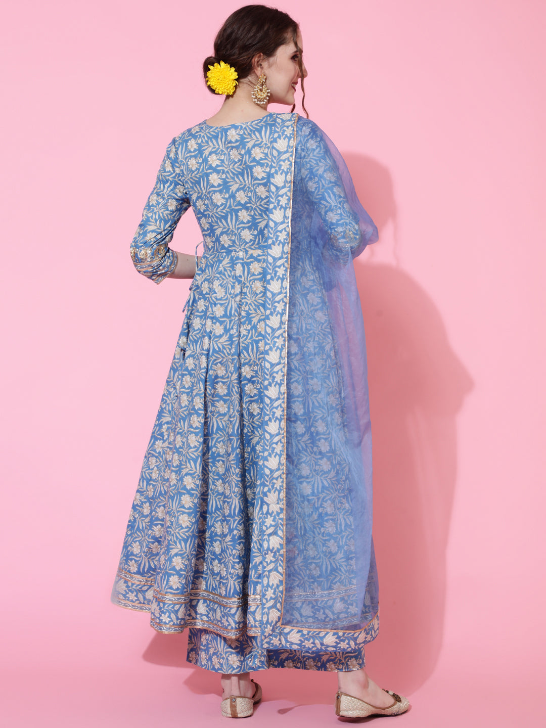 Cotton Calf Length Printed Flared 3/4 Sleeves V-Neck Kurta Bottom