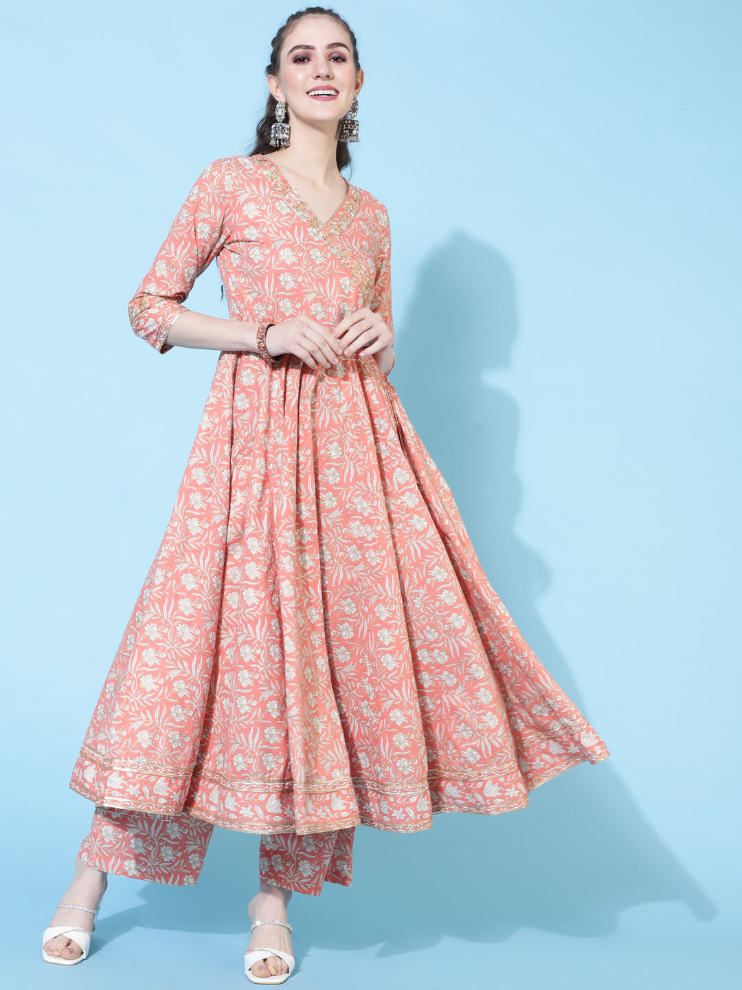 Cotton Calf Length Printed Flared 3/4 Sleeves V-Neck Kurta Bottom Dupatta Set