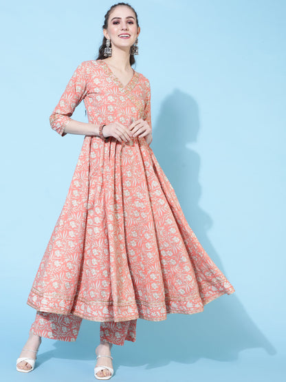 Cotton Calf Length Printed Flared 3/4 Sleeves V-Neck Kurta Bottom Dupatta Set