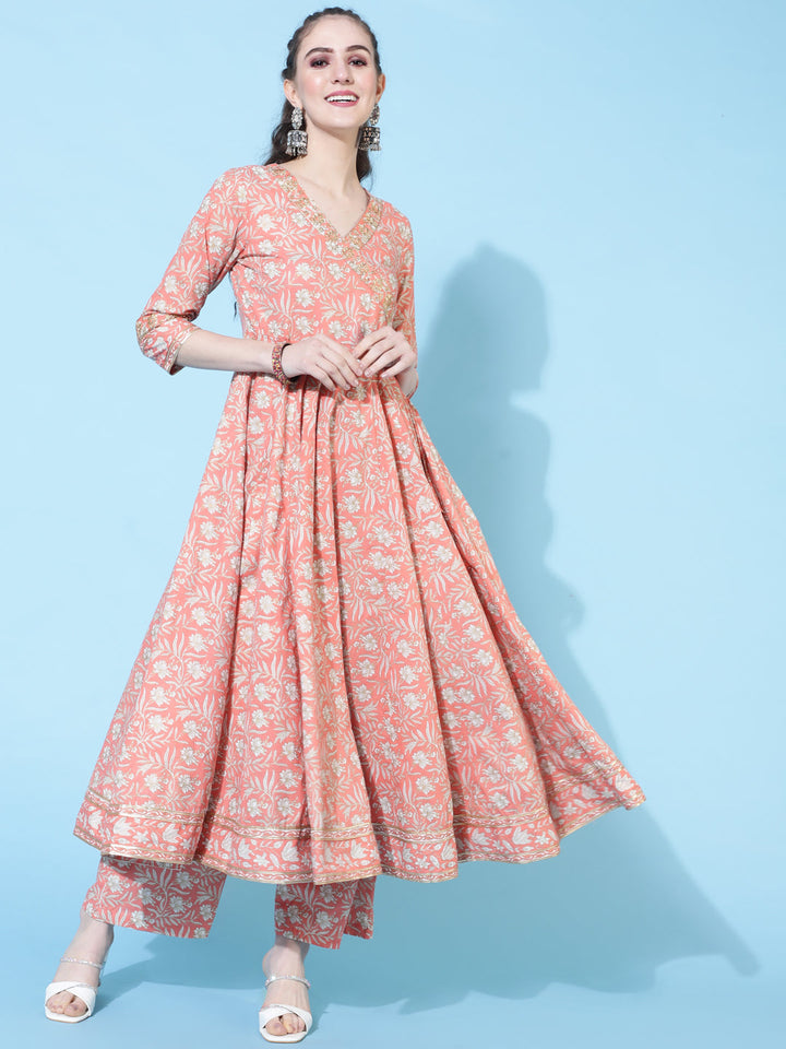 Cotton Calf Length Printed Flared 3/4 Sleeves V-Neck Kurta Bottom Dupatta Set
