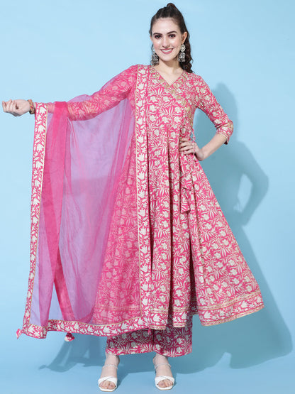 Cotton Calf Length Printed Flared 3/4 Sleeves V-Neck Kurta Bottom Dupatta Set
