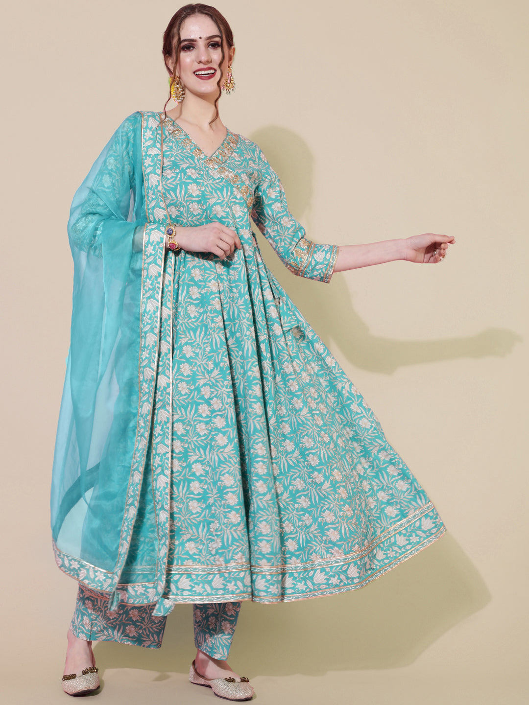 Cotton Calf Length Printed Flared 3/4 Sleeves V-Neck Kurta Bottom Dupatta Set