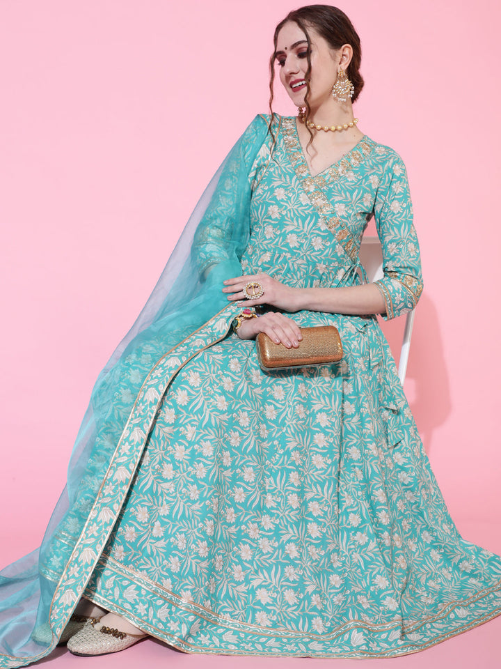 Cotton Calf Length Printed Flared 3/4 Sleeves V-Neck Kurta Bottom Dupatta Set