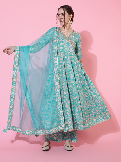 Cotton Calf Length Printed Flared 3/4 Sleeves V-Neck Kurta Bottom Dupatta Set