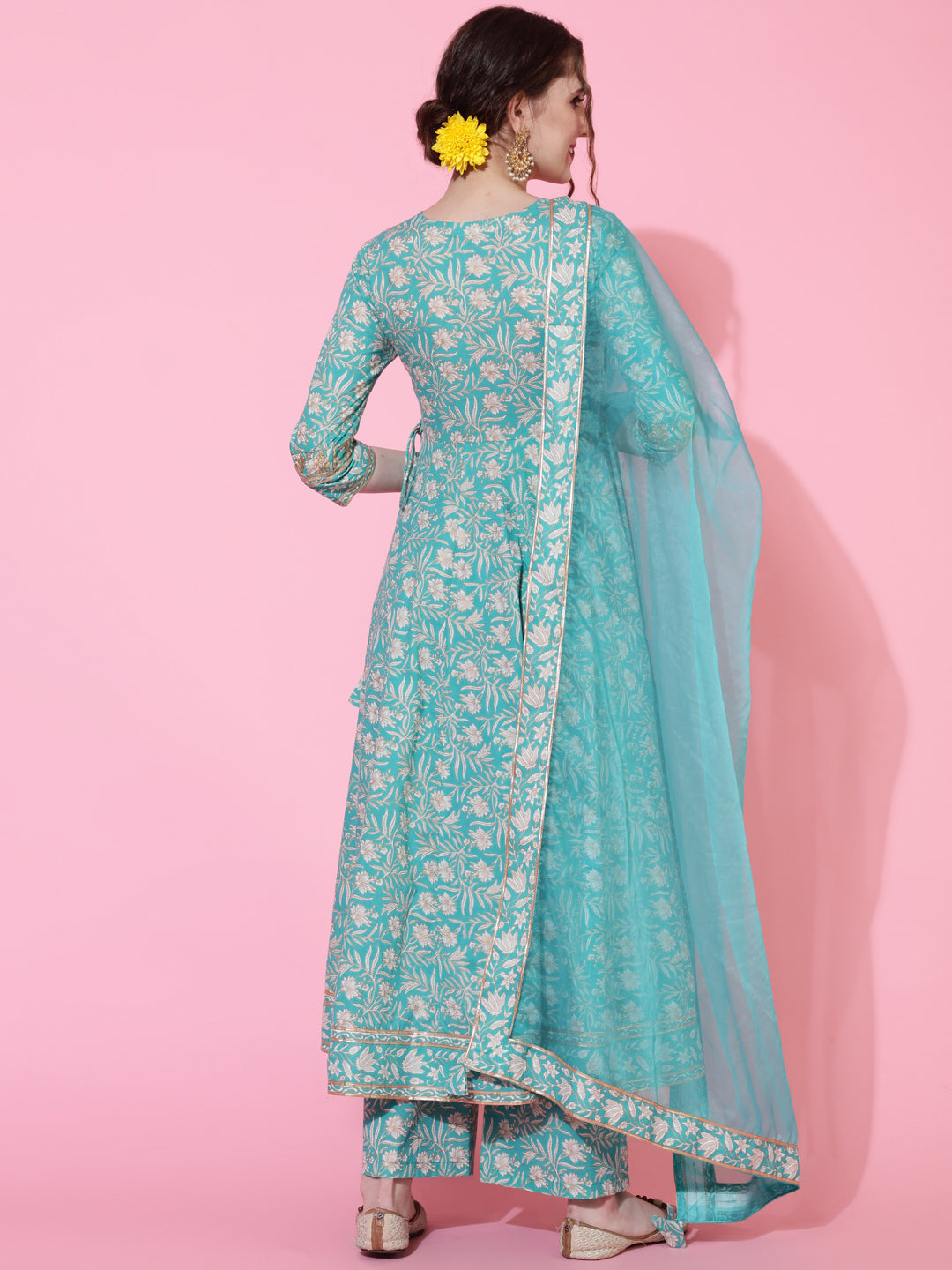 Cotton Calf Length Printed Flared 3/4 Sleeves V-Neck Kurta Bottom Dupatta Set