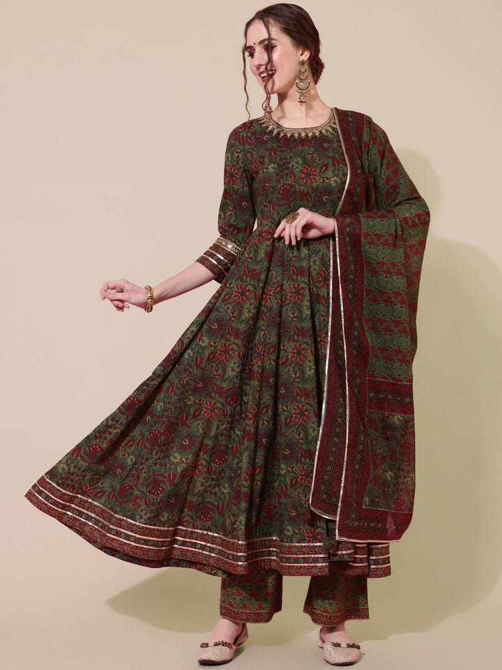Cotton Calf Length Printed Flared 3/4 Sleeves Round Neck Kurta Bottom Dupatta Set