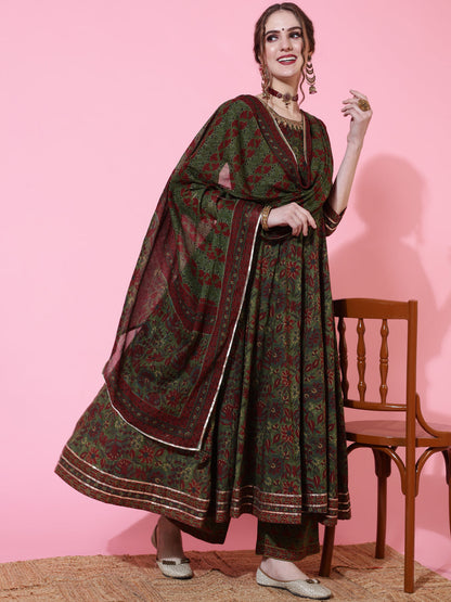 Cotton Calf Length Printed Flared 3/4 Sleeves Round Neck Kurta Bottom Dupatta Set