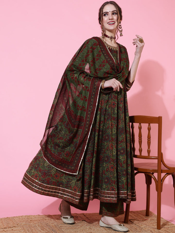 Cotton Calf Length Printed Flared 3/4 Sleeves Round Neck Kurta Bottom Dupatta Set