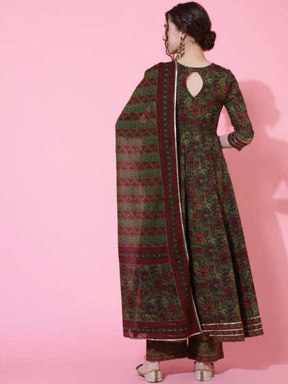 Cotton Calf Length Printed Flared 3/4 Sleeves Round Neck Kurta Bottom Dupatta Set