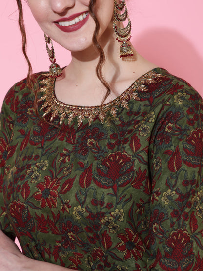 Cotton Calf Length Printed Flared 3/4 Sleeves Round Neck Kurta Bottom Dupatta Set