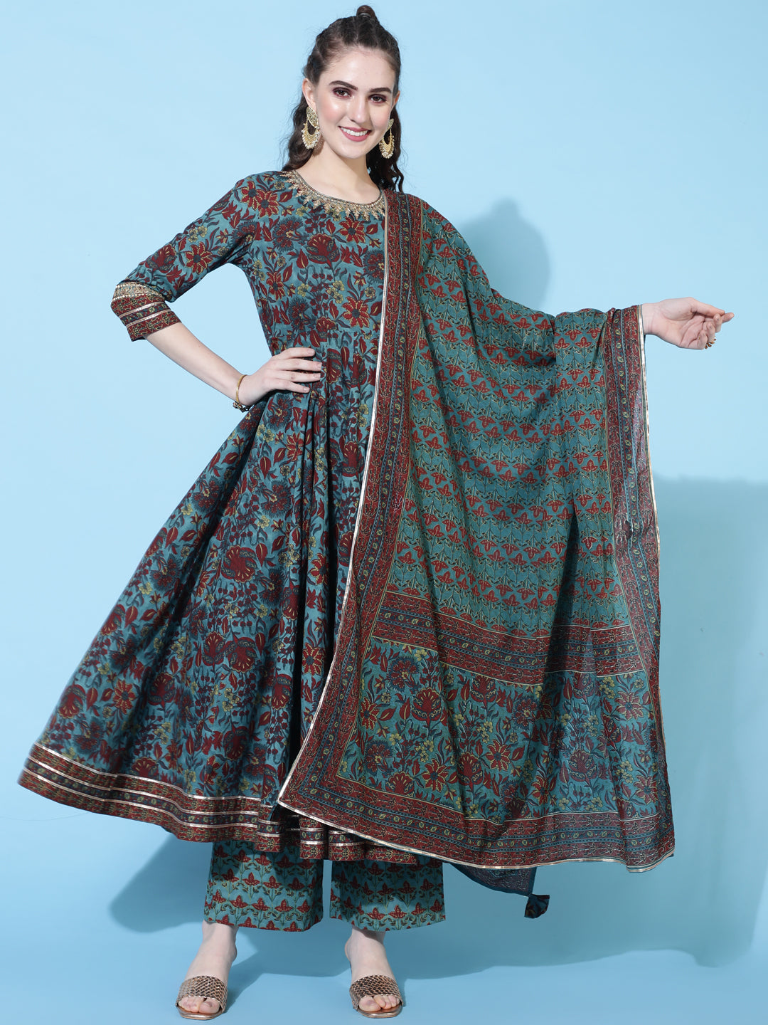 Cotton Calf Length Printed Flared 3/4 Sleeves Round Neck Kurta Bottom Dupatta Set