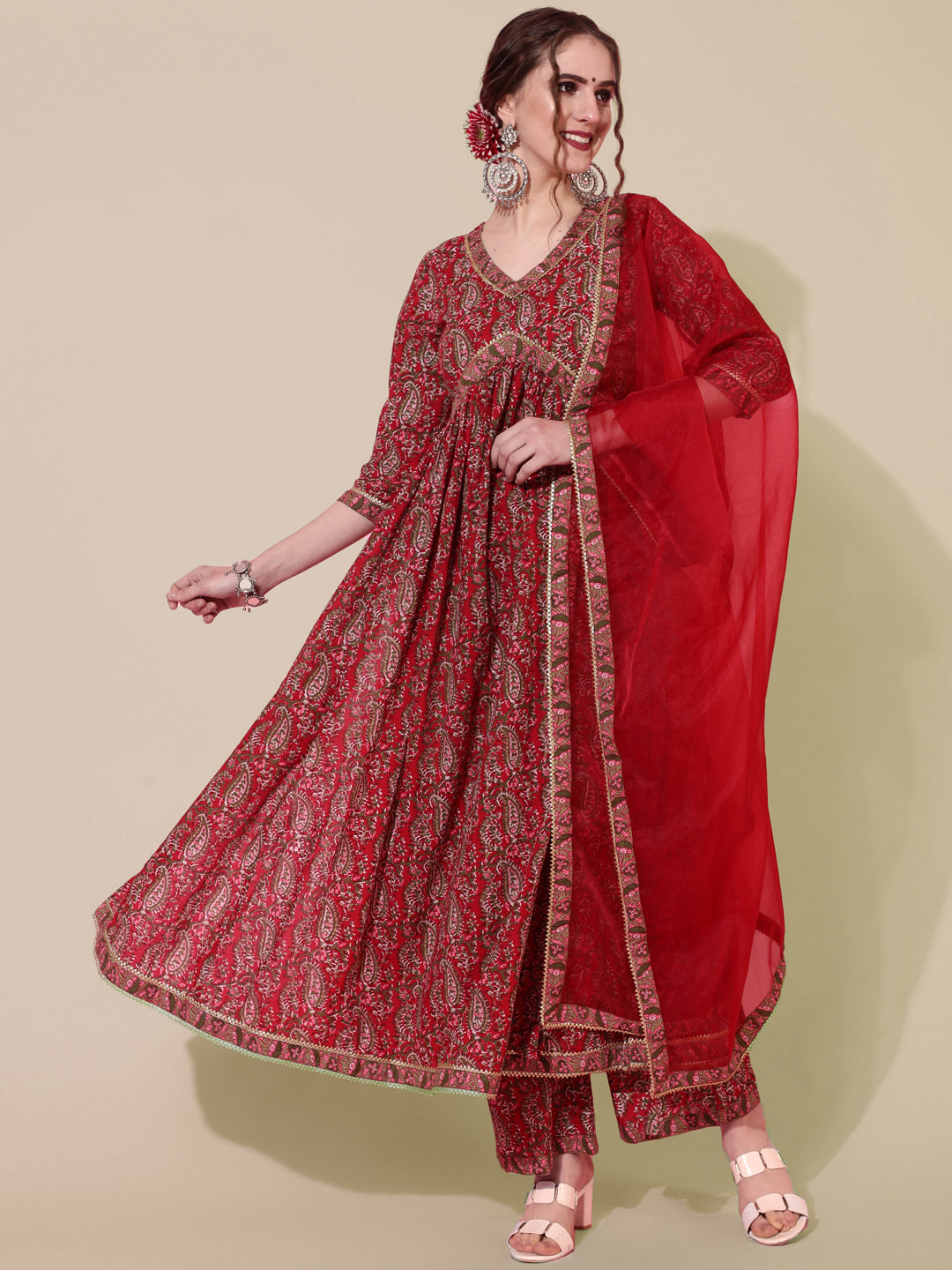 Cotton Calf Length Printed Semi-Flared 3/4 Sleeves V-Neck Kurta Bottom Dupatta Set