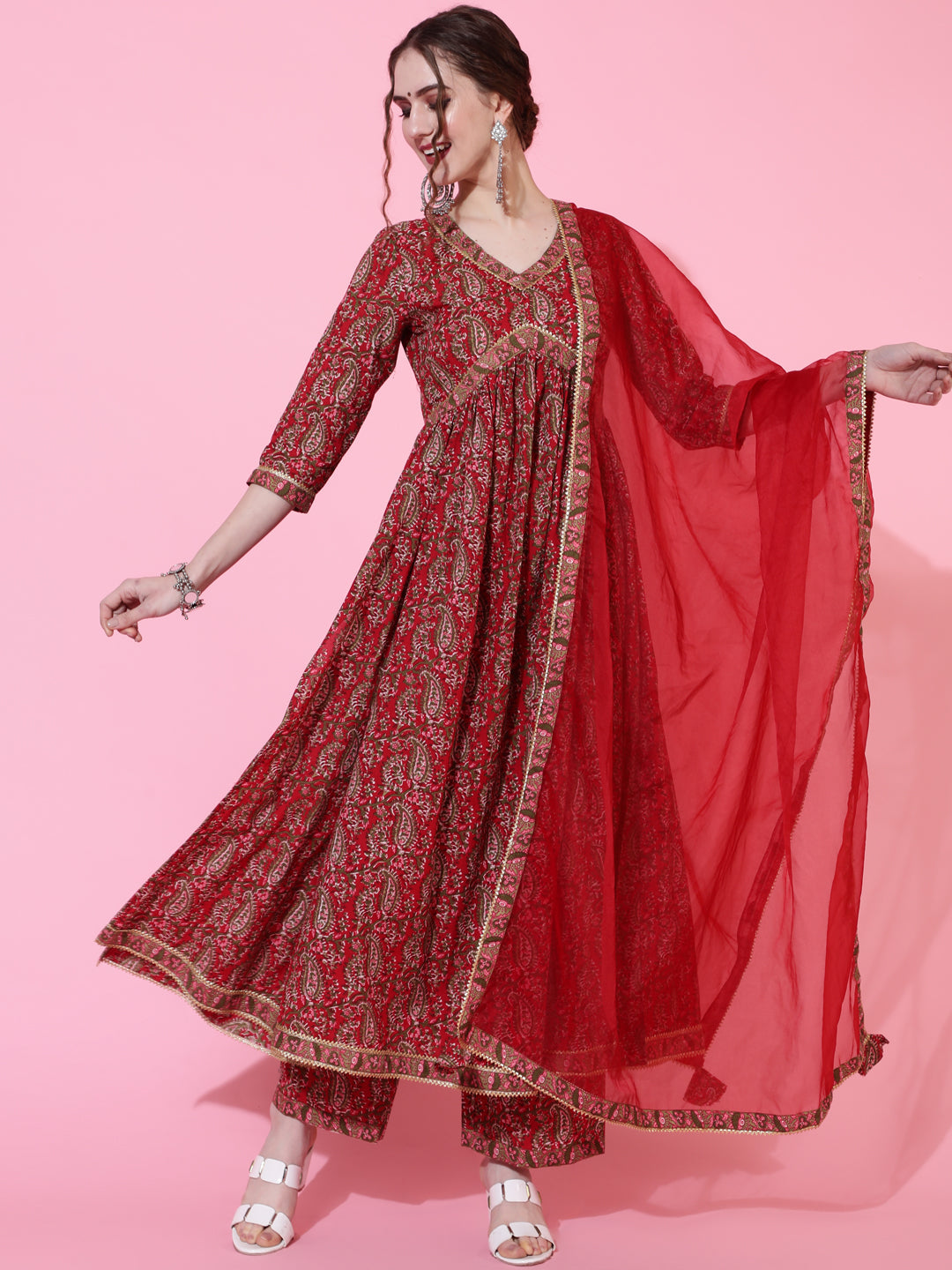 Cotton Calf Length Printed Semi-Flared 3/4 Sleeves V-Neck Kurta Bottom Dupatta Set