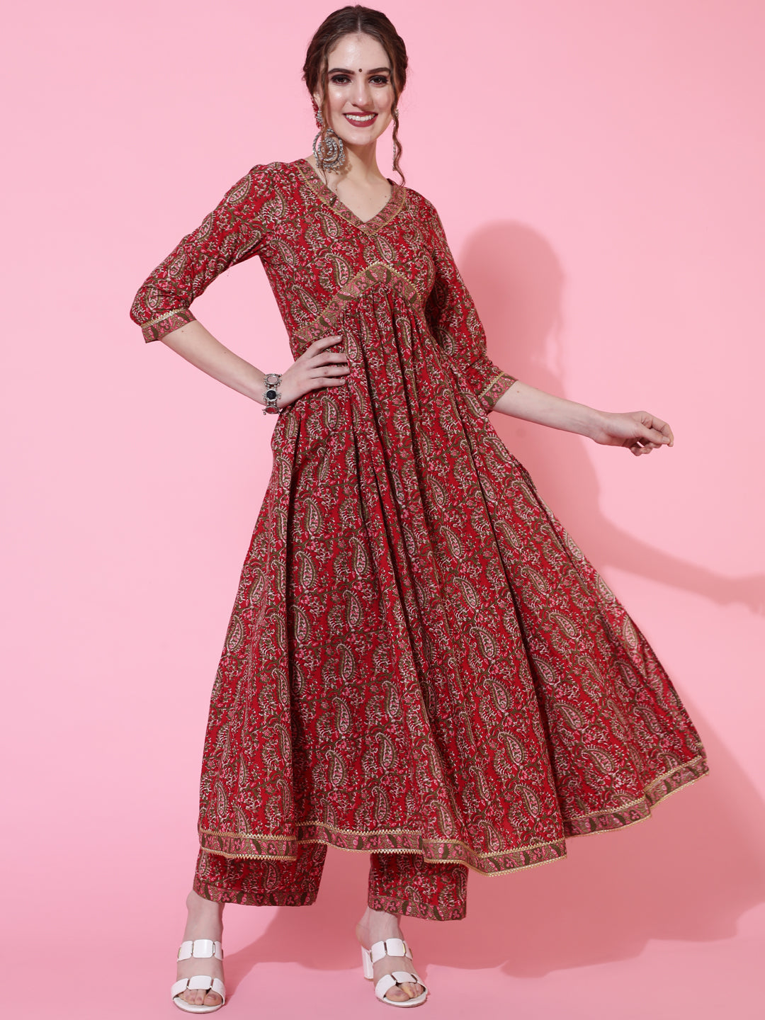 Cotton Calf Length Printed Semi-Flared 3/4 Sleeves V-Neck Kurta Bottom Dupatta Set