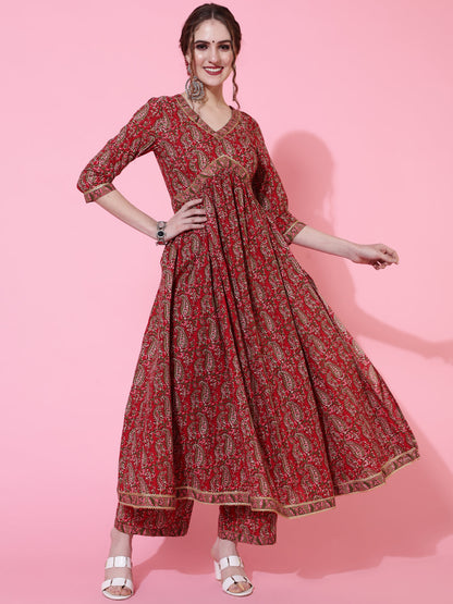 Cotton Calf Length Printed Semi-Flared 3/4 Sleeves V-Neck Kurta Bottom Dupatta Set