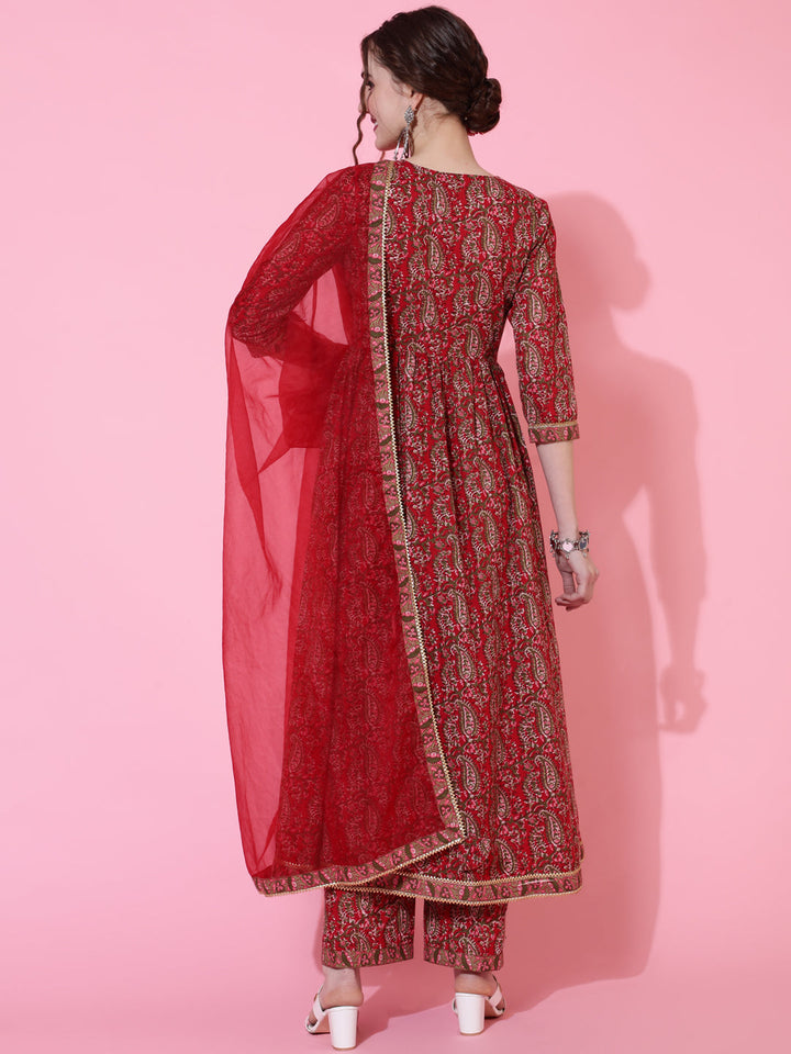 Cotton Calf Length Printed Semi-Flared 3/4 Sleeves V-Neck Kurta Bottom Dupatta Set