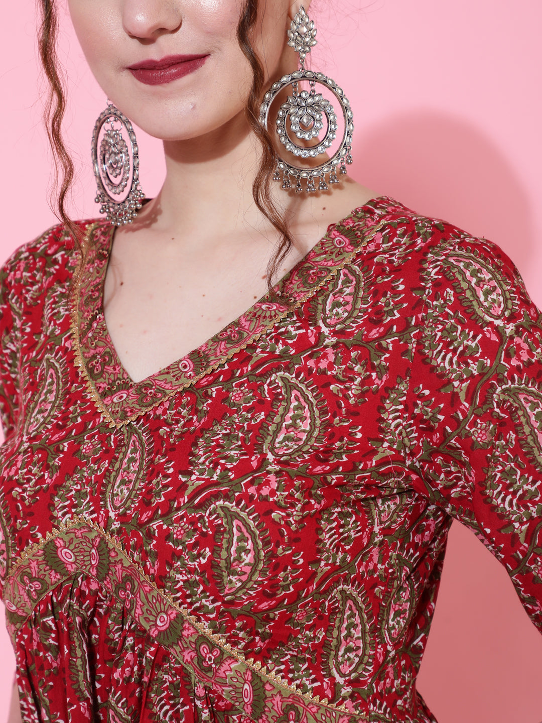 Cotton Calf Length Printed Semi-Flared 3/4 Sleeves V-Neck Kurta Bottom Dupatta Set