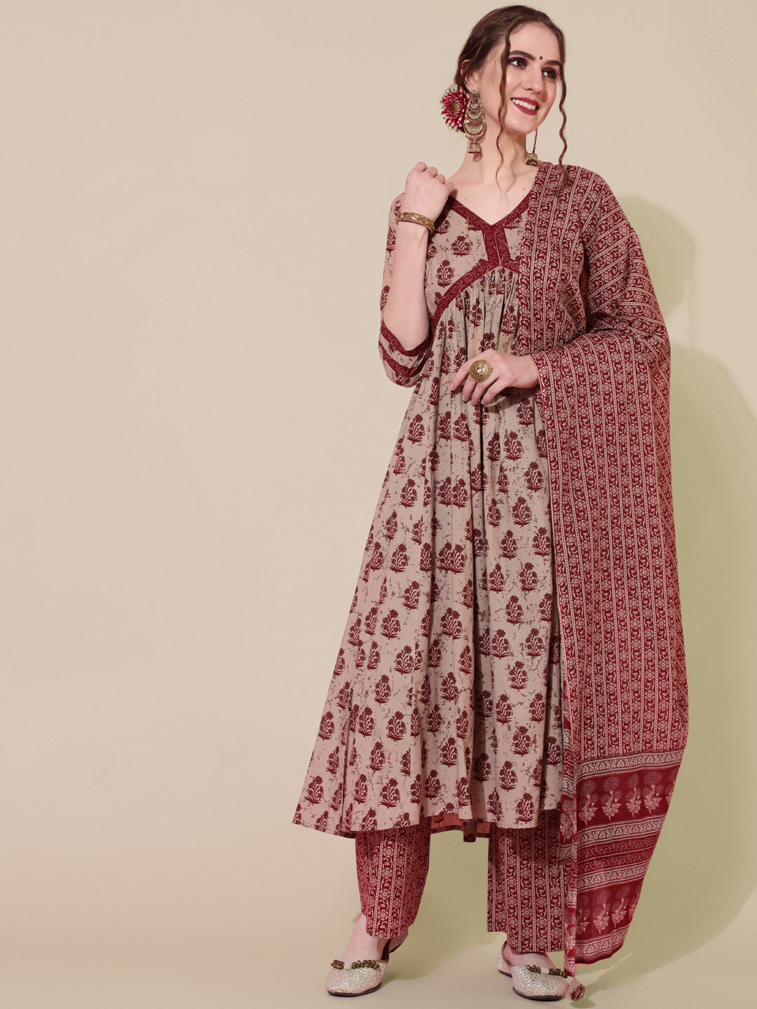 Cotton Calf Length Printed Semi-Flared 3/4 Sleeves V-Neck Kurta Bottom Dupatta Set