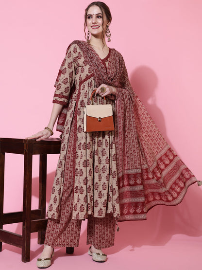 Cotton Calf Length Printed Semi-Flared 3/4 Sleeves V-Neck Kurta Bottom Dupatta Set