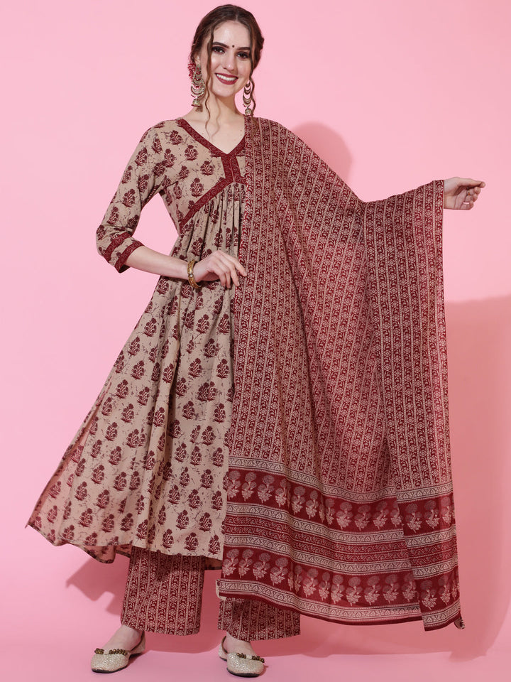 Cotton Calf Length Printed Semi-Flared 3/4 Sleeves V-Neck Kurta Bottom Dupatta Set