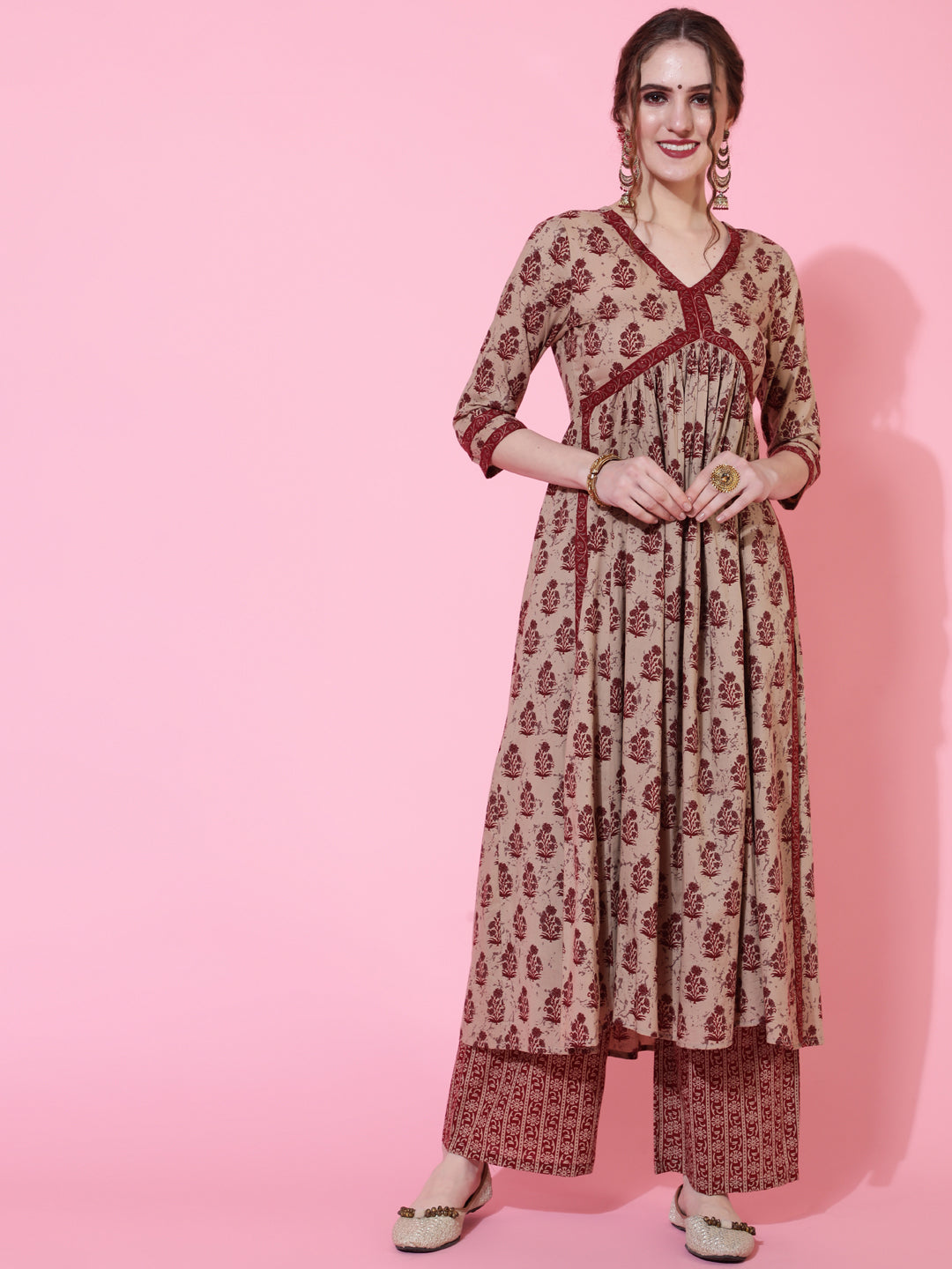 Cotton Calf Length Printed Semi-Flared 3/4 Sleeves V-Neck Kurta Bottom Dupatta Set