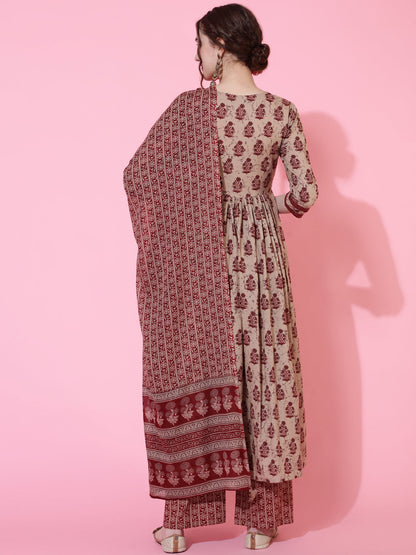 Cotton Calf Length Printed Semi-Flared 3/4 Sleeves V-Neck Kurta Bottom Dupatta Set