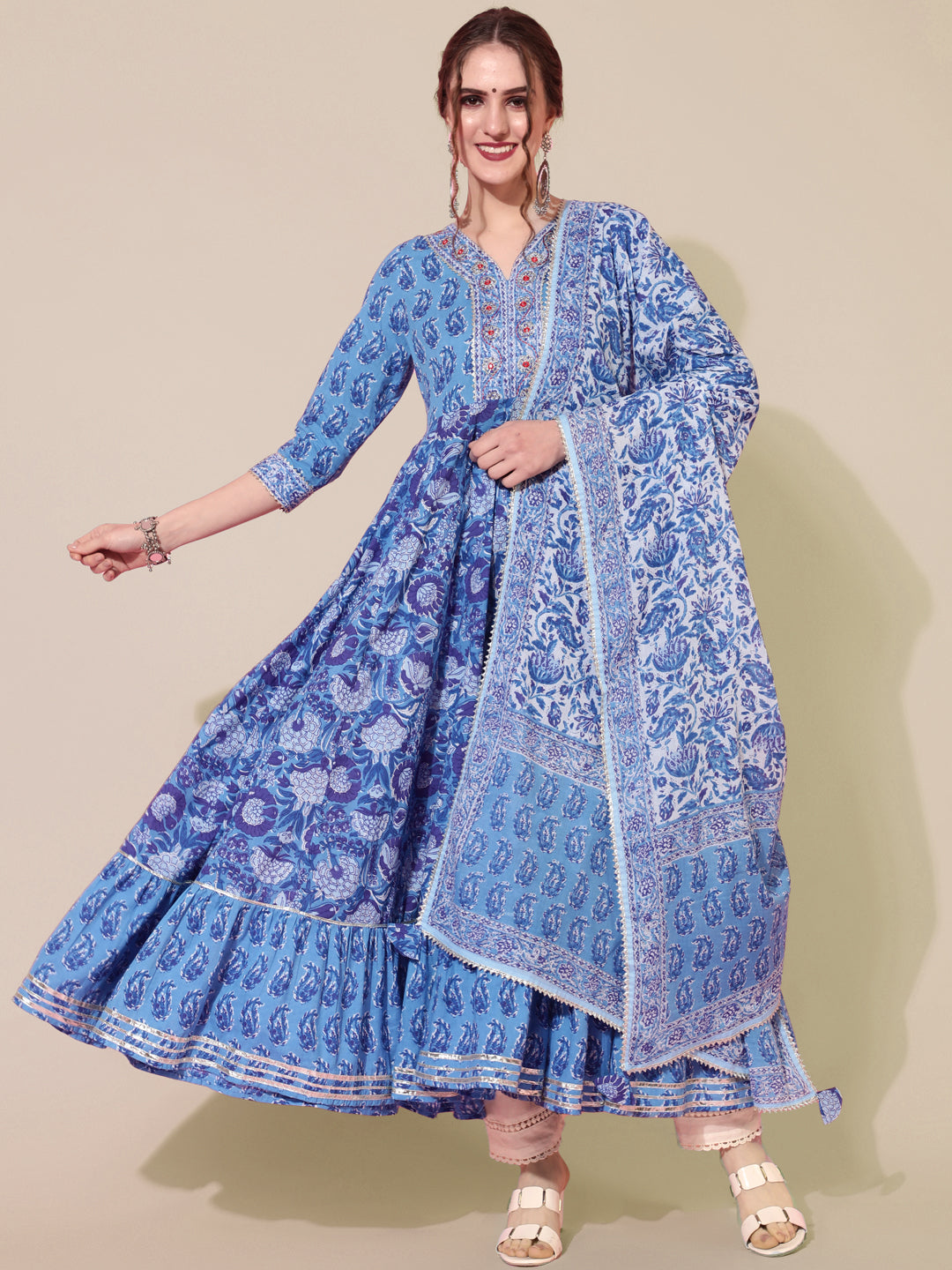 Cotton Ankle Length Printed Flared 3/4 Sleeves Sweetheart Neck Kurta Dupatta Set