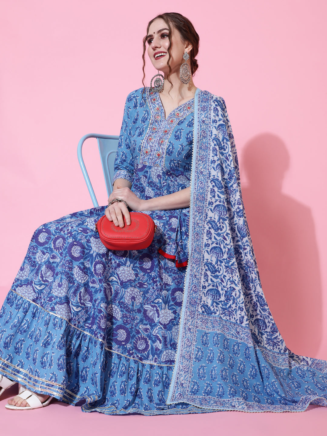 Cotton Ankle Length Printed Flared 3/4 Sleeves Sweetheart Neck Kurta Dupatta Set