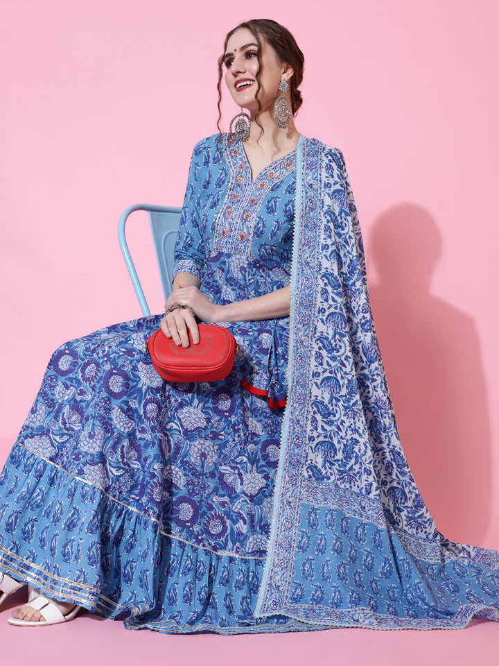 Cotton Ankle Length Printed Flared 3/4 Sleeves Sweetheart Neck Kurta Dupatta Set