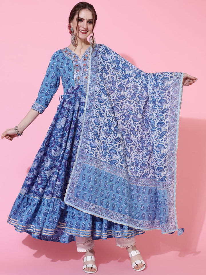 Cotton Ankle Length Printed Flared 3/4 Sleeves Sweetheart Neck Kurta Dupatta Set