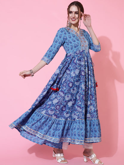 Cotton Ankle Length Printed Flared 3/4 Sleeves Sweetheart Neck Kurta Dupatta Set